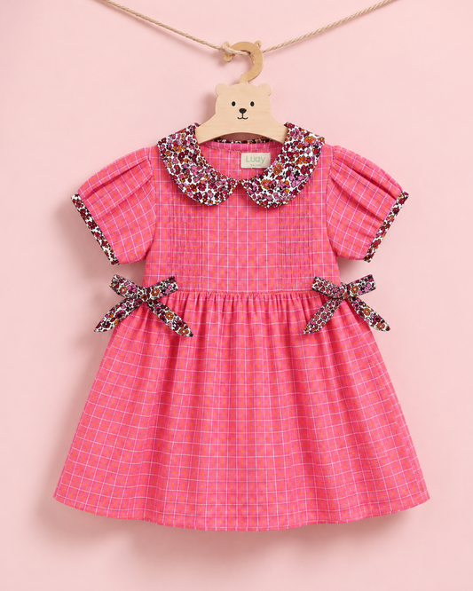 LUAY Girls Cotton Frock | Peter Pan Collar Puff Sleeve Casual Dress | Soft Breathable A-Line Party & Everyday Wear for Girls