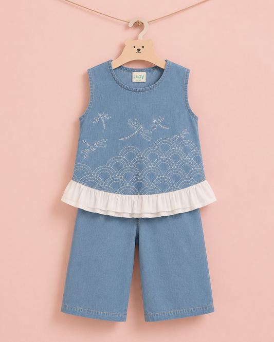LUAY Girls Denim Top & Wide Leg Pants Co-Ord Set | Sleeveless Ruffle Two-Piece Outfit | Soft Breathable Casual Denim Clothing for Girls