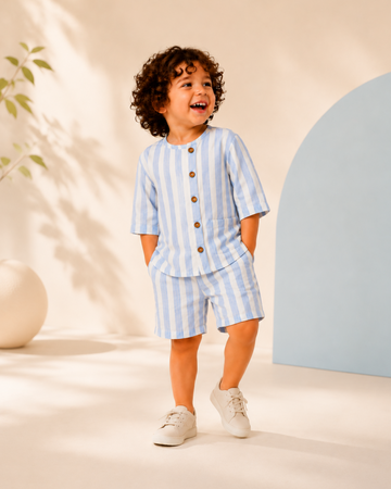 LUAY Boys Yarn Dyed Cotton Poplin Shirt & Shorts Co-Ord Set | Striped Short Sleeve Two-Piece Outfit | Soft Breathable Casual Summer Clothing for Boys