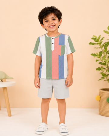 LUAY Boys Linen Blend Shirt & Shorts Co-Ord Set | Striped Short Sleeve Button-Down Shirt with Shorts | Soft Breathable Casual Summer Outfit for Boys
