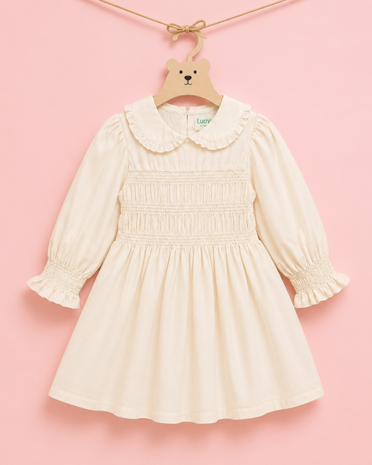 LUAY Girls Poplin Frock | Smocked Long Sleeve Dress with Peter Pan Collar | Soft Breathable Casual Party Wear for Girls