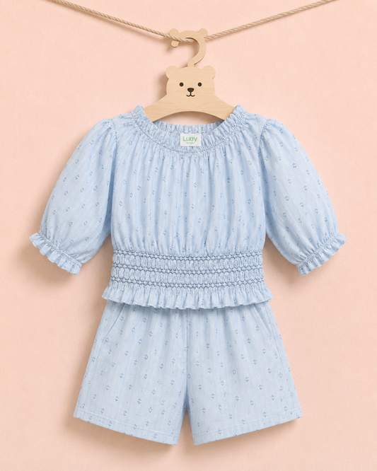 LUAY Girls Slub Cotton Blue Top & Shorts Co-Ord Set | Puff Sleeve Smocked Two-Piece Outfit | Soft Breathable Casual Summer Clothing for Girls