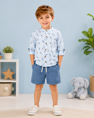 LUAY Boys Linen Blend Shirt & Shorts Co-Ord Set | Printed Long Sleeve Shirt with Shorts | Soft Breathable Casual Summer Outfit for Boys