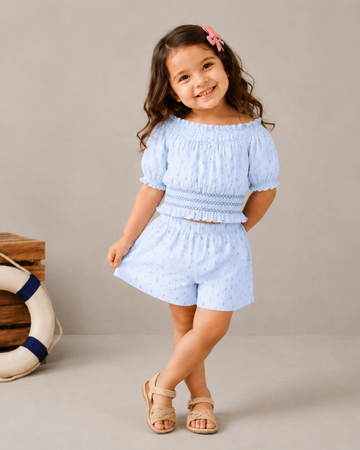 LUAY Girls Slub Cotton Blue Top & Shorts Co-Ord Set | Puff Sleeve Smocked Two-Piece Outfit | Soft Breathable Casual Summer Clothing for Girls