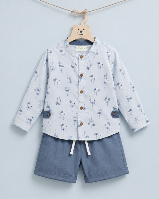 LUAY Boys Linen Blend Shirt & Shorts Co-Ord Set | Printed Long Sleeve Shirt with Shorts | Soft Breathable Casual Summer Outfit for Boys