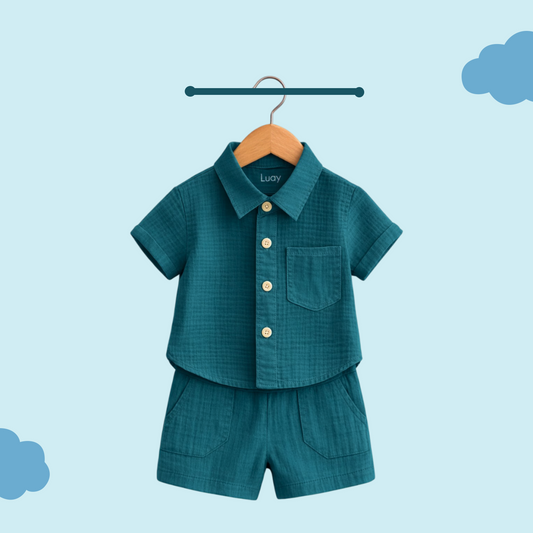 Luay® 100% Linen Shirt & Pant for Kids | Stylish Short-Sleeve Shirt & Comfy Shorts -Blue.