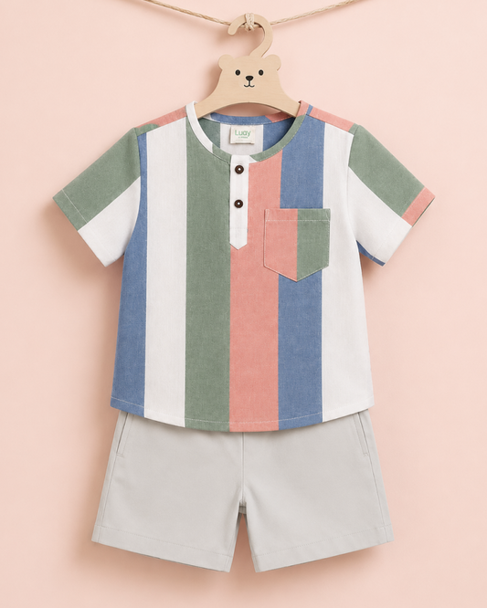 LUAY Boys Linen Blend Shirt & Shorts Co-Ord Set | Striped Short Sleeve Button-Down Shirt with Shorts | Soft Breathable Casual Summer Outfit for Boys