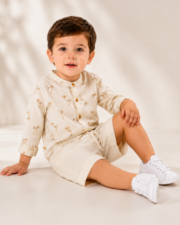 LUAY Boys Printed Linen Blend Co-Ord Set | Long Sleeve Shirt & Shorts Two-Piece Outfit | Lightweight Casual Wear for Boys
