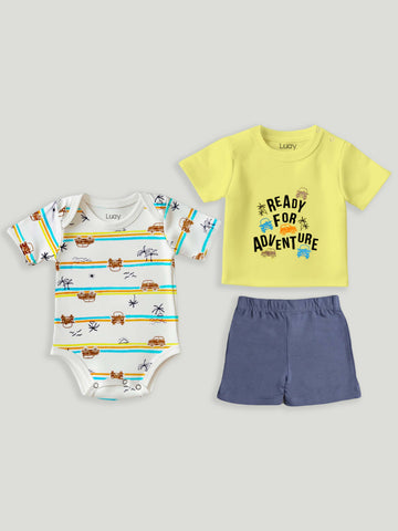 LUAY Unisex  Cotton Yellow T-Shirt, Short & Onesie Cotton 3-Piece Set: Adorable and Comfortable Baby Wear (Pack of 3)