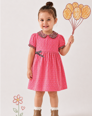 LUAY Girls Cotton Frock | Peter Pan Collar Puff Sleeve Casual Dress | Soft Breathable A-Line Party & Everyday Wear for Girls