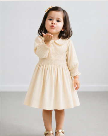 LUAY Girls Poplin Frock | Smocked Long Sleeve Dress with Peter Pan Collar | Soft Breathable Casual Party Wear for Girls
