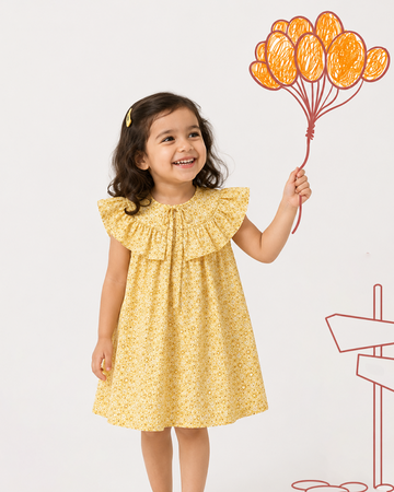 LUAY Girls Floral Rayon Frock | Ruffle Collar Short Sleeve Casual Frock | Soft Breathable Lightweight Summer Dress for Girls