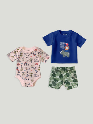 LUAY Unisex  Cotton Blue T-Shirt, Short & Onesie  Cotton 3-Piece Set: Adorable and Comfortable Baby Wear (Pack of 3)