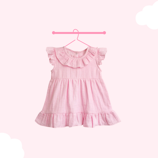 LUAY 100% Linen Pink Baby Frock, with Frills, Dress for Baby Girls, Cute and Trendy Summer Dress for Babies,