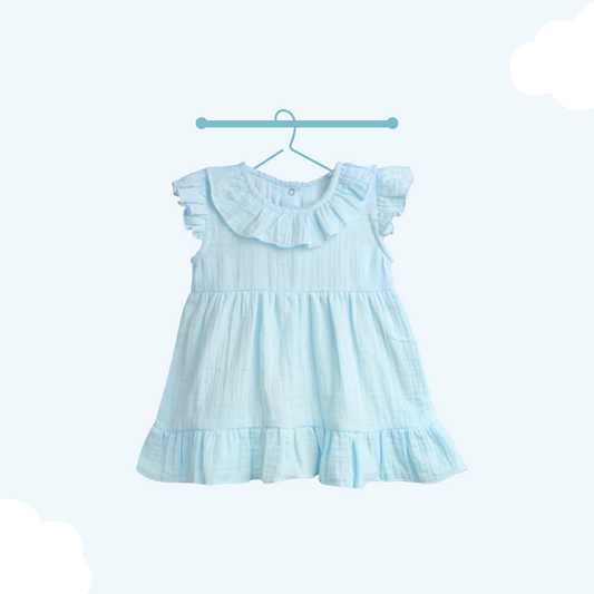 LUAY 100% Linen Sky Blue Baby Frock with Frills,Cute and Trendy Summer Dress for Babies