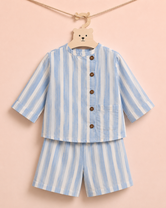 LUAY Boys Yarn Dyed Cotton Poplin Shirt & Shorts Co-Ord Set | Striped Short Sleeve Two-Piece Outfit | Soft Breathable Casual Summer Clothing for Boys