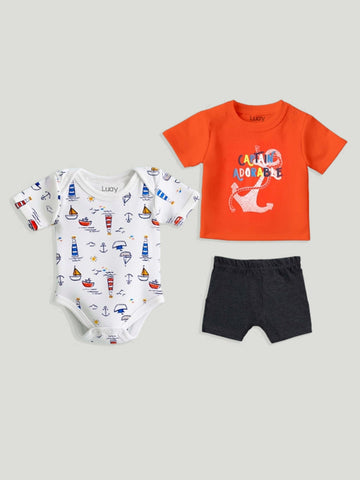 LUAY Unisex  Cotton Red T-Shirt, Short & Onesie  Cotton 3-Piece Set: Adorable and Comfortable Baby Wear (Pack of 3)