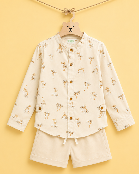 LUAY Boys Printed Linen Blend Co-Ord Set | Long Sleeve Shirt & Shorts Two-Piece Outfit | Lightweight Casual Wear for Boys