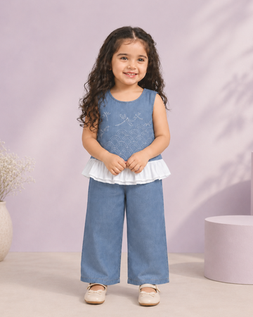 LUAY Girls Denim Top & Wide Leg Pants Co-Ord Set | Sleeveless Ruffle Two-Piece Outfit | Soft Breathable Casual Denim Clothing for Girls