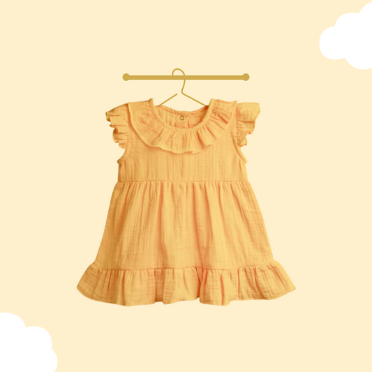 LUAY 100% Linen Mustard Baby Frock, with Frills, Dress for Baby Girls, Cute and Trendy Summer Dress for Babies.