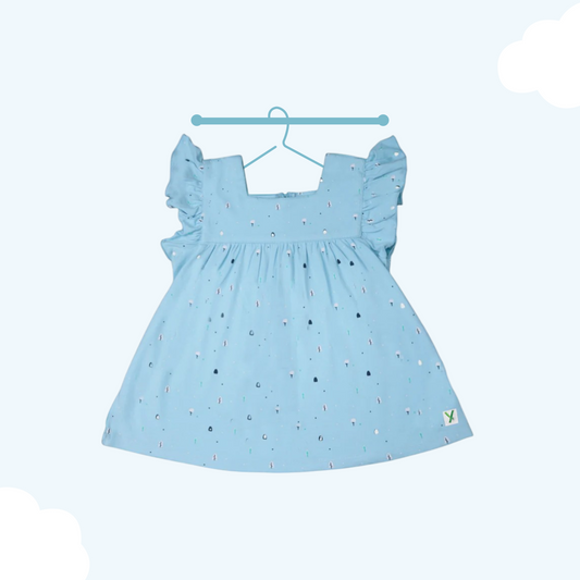 LUAY Girls 100% Bamboo based Ultra-Soft fabric Dress with ruffled sleeves_Clear Blue