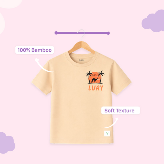 LUAY Baby Boys 100% Bamboo based Ultra- Soft fabric Half Sleeve T-Shirt with Charming Camel Palm Tree Print- Bleached Apricot