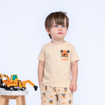 LUAY Baby Boys 100% Bamboo based Ultra- Soft fabric Half Sleeve T-Shirt with Charming Camel Palm Tree Print- Bleached Apricot