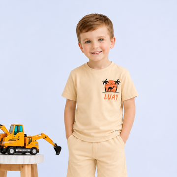 LUAY Baby Boys 100% Bamboo based Ultra- Soft fabric Half Sleeve T-Shirt with Charming Camel Palm Tree Print- Bleached Apricot