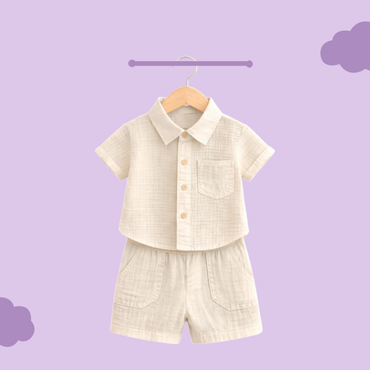 Luay® 100% Linen Shirt & Pant for Kids | Stylish Short-Sleeve Shirt & Comfy Shorts -offWhite.
