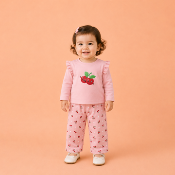 Luay® 100%  Cotton Cherry Printed Co-ord Set | Ultra-Soft Stylish & Classy Oufits | Full-Sleeve T-Shirt & Comfy Pants - Blush Pink