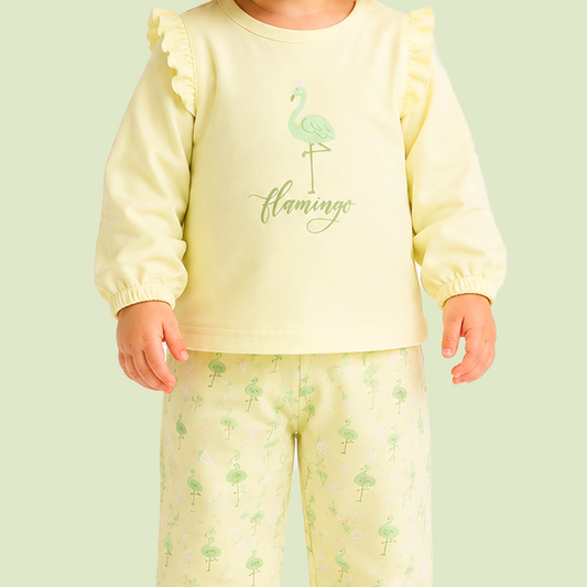 Luay® 100% Cotton Flamingo Printed Co-ord Set | Ultra-Soft Stylish & Classy Oufits | Full-Sleeve T-Shirt & Comfy Pants - Soft Yellow