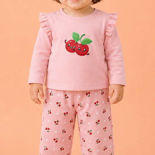 Luay® 100%  Cotton Cherry Printed Co-ord Set | Ultra-Soft Stylish & Classy Oufits | Full-Sleeve T-Shirt & Comfy Pants - Blush Pink