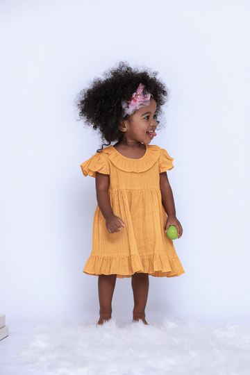 LUAY 100% Linen Mustard Baby Frock, with Frills, Dress for Baby Girls, Cute and Trendy Summer Dress for Babies.