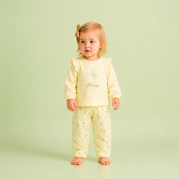 Luay® 100% Cotton Flamingo Printed Co-ord Set | Ultra-Soft Stylish & Classy Oufits | Full-Sleeve T-Shirt & Comfy Pants - Soft Yellow