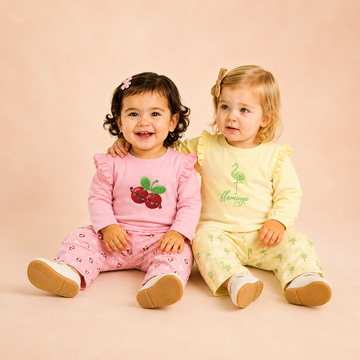 Luay® 100% Cotton Printed Combo Co-ord Set | Ultra-Soft Stylish & Classy Oufits | Full-Sleeve T-Shirt & Comfy Pants - Soft Yellow & Pink.