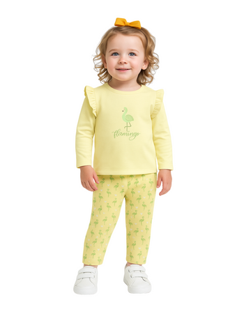 Luay® 100% Cotton Flamingo Printed Co-ord Set | Ultra-Soft Stylish & Classy Oufits | Full-Sleeve T-Shirt & Comfy Pants - Soft Yellow
