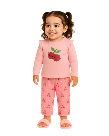 Luay® 100%  Cotton Cherry Printed Co-ord Set | Ultra-Soft Stylish & Classy Oufits | Full-Sleeve T-Shirt & Comfy Pants - Blush Pink