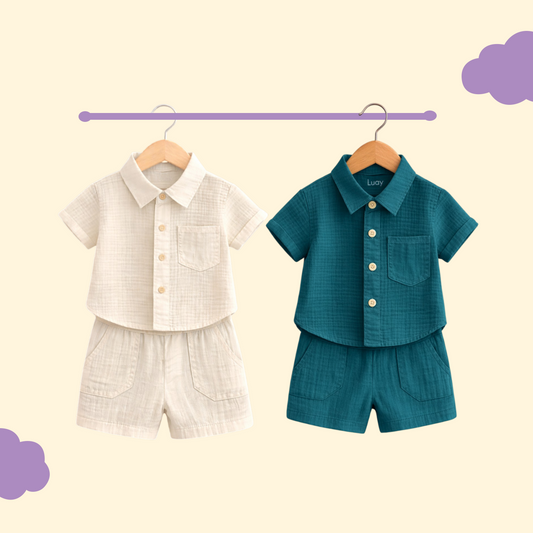Luay® 100% Linen Pack of 2 | Stylish Short-Sleeve Shirt & Comfy Shorts Blue & offWhite.