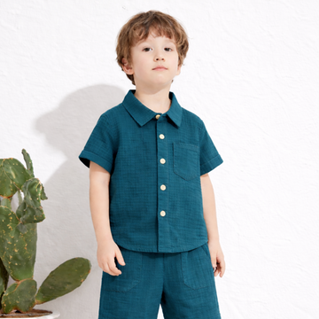 Luay® 100% Linen Shirt & Pant for Kids | Stylish Short-Sleeve Shirt & Comfy Shorts -Blue.