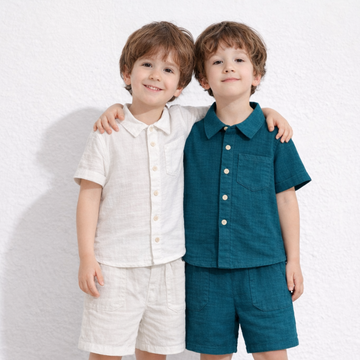 Luay® 100% Linen Pack of 2 | Stylish Short-Sleeve Shirt & Comfy Shorts Blue & offWhite.